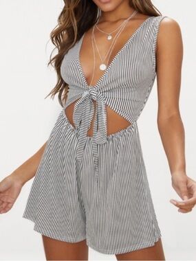 PrettyLittleThing Black and White Striped Tie-Front Playsuit